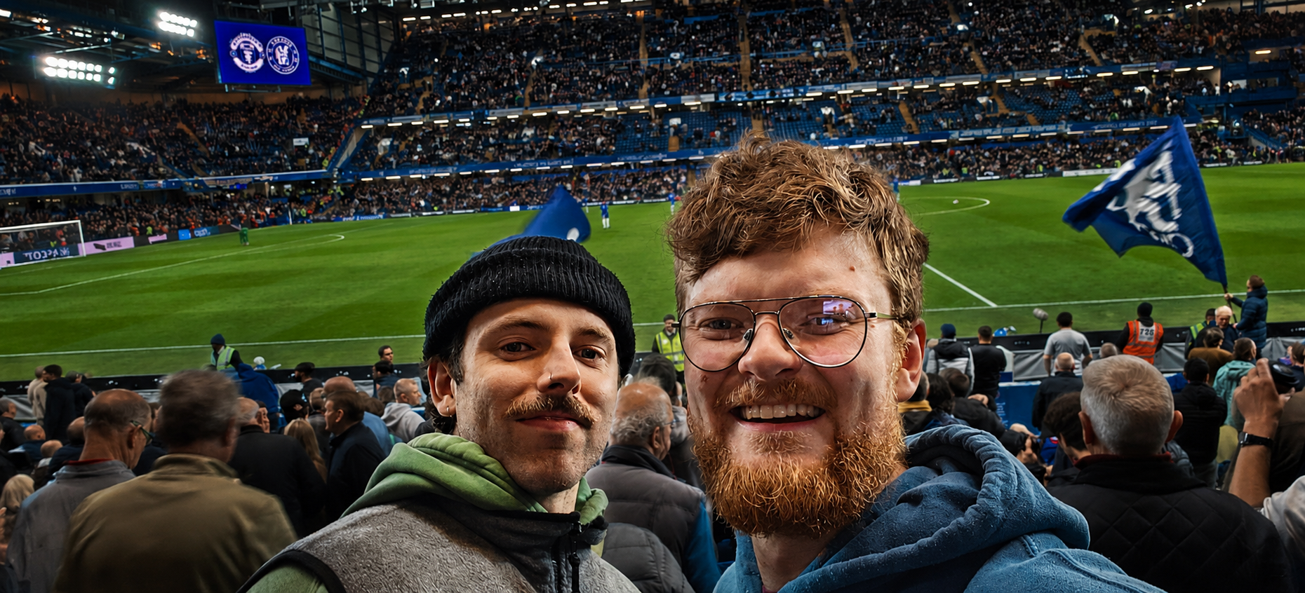 Seán Maher attending a football match at Stamford Bridge