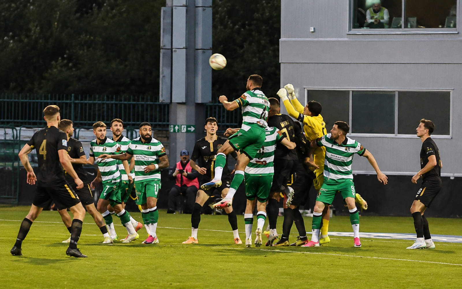 Pico Lopes rising for a header from Seán Maher’s original pitchside footage