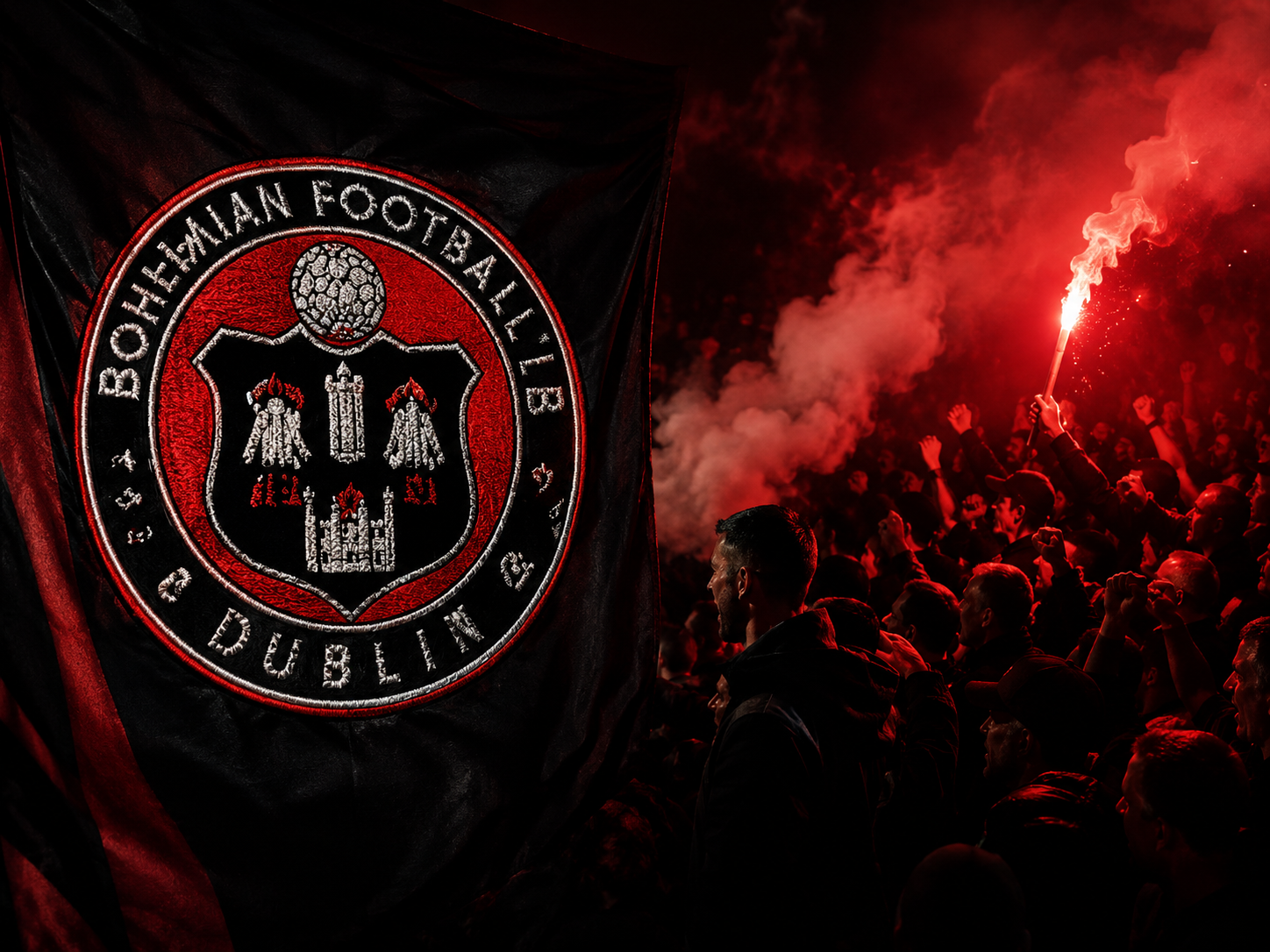 Bohemian FC crest beside supporters and a red flare