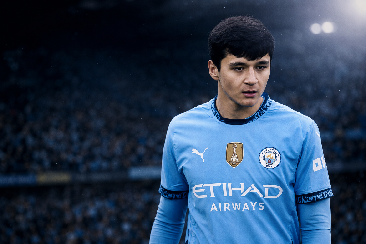 Abdukodir Khusanov under stadium lights