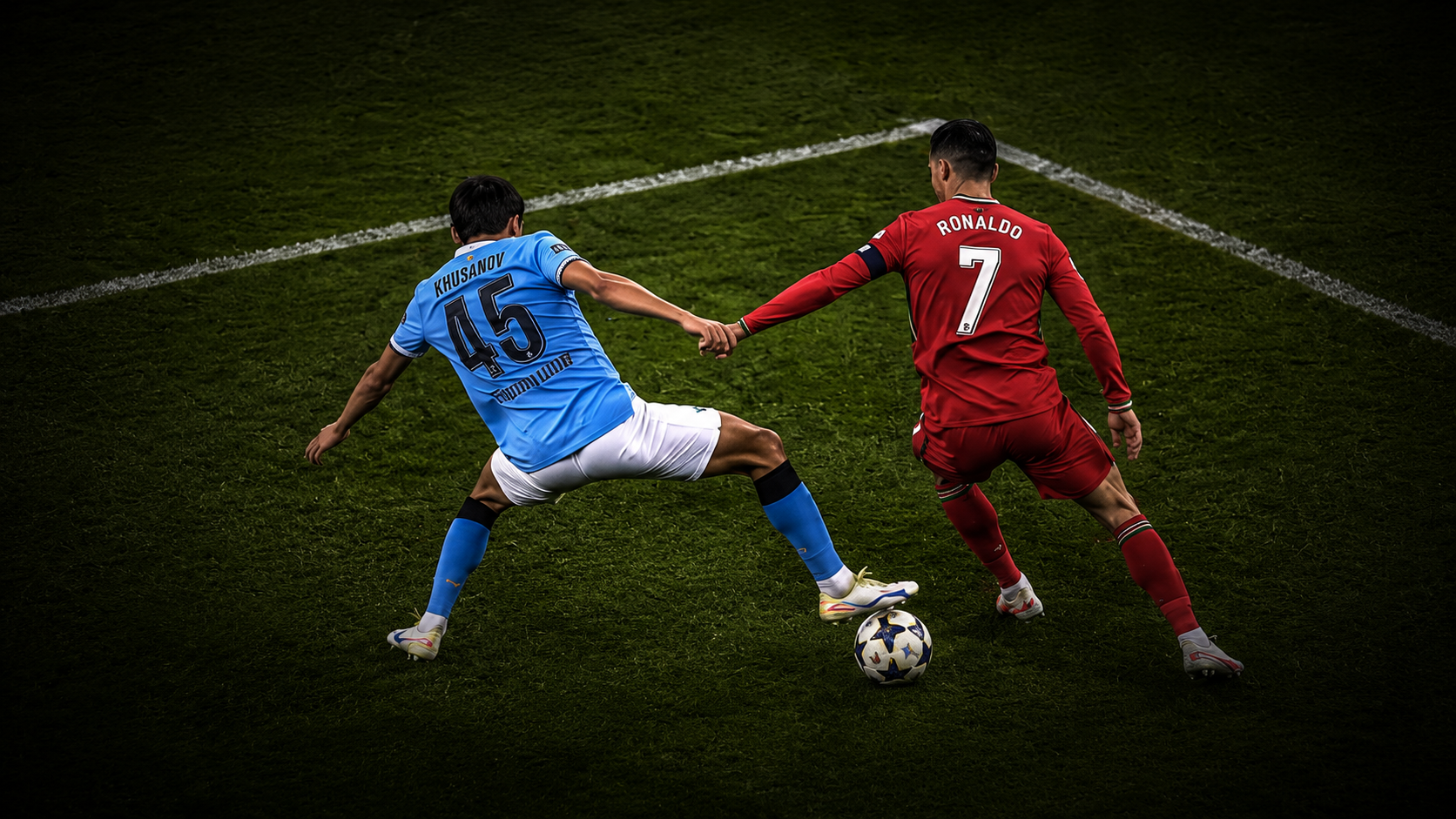 Abdukodir Khusanov defending Cristiano Ronaldo on the football pitch