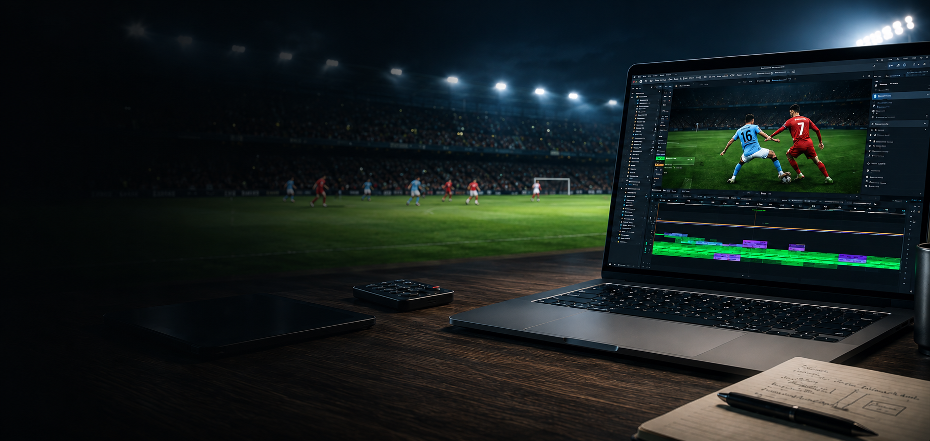Football video editing in progress on a laptop beside a live match