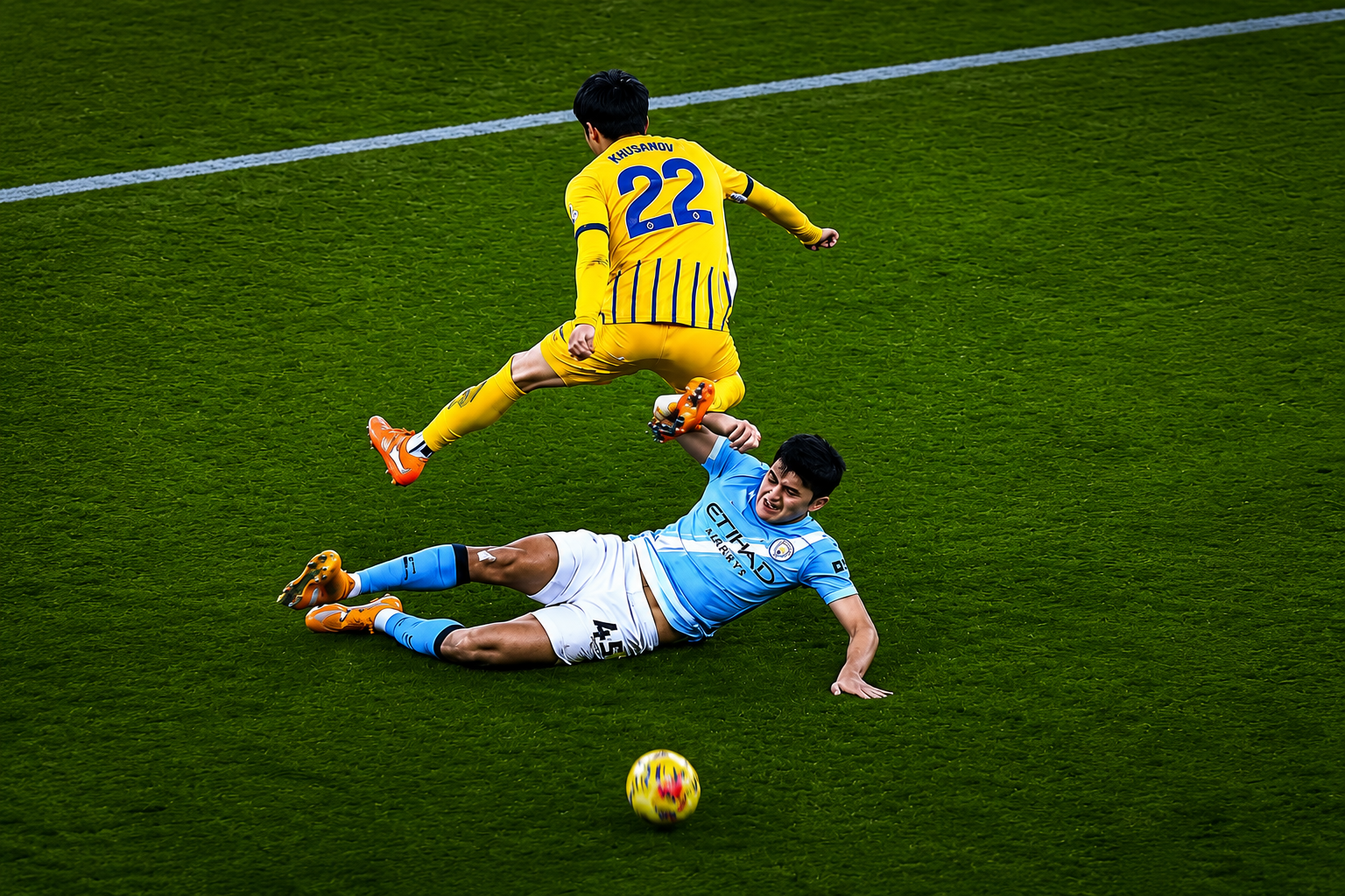 Khusanov completing a sliding tackle against a player in yellow